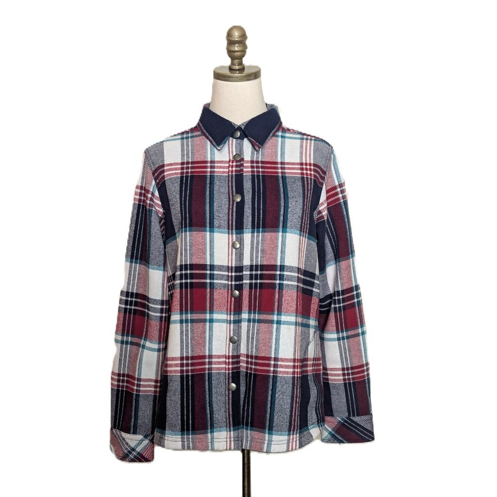 Orvis Women's Pinnacle Shacket Plaid Flannel M Logo Snap Up Shirt Fleece Lined